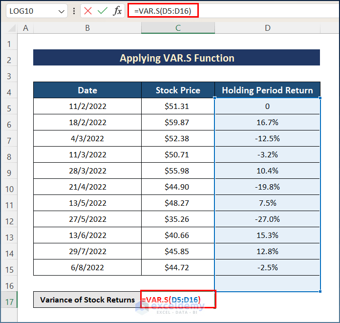 Calculation of Variance of Stock Returns in Excel with VAR.S Function