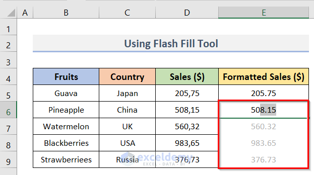 Using Flash Fill Option to Change Comma Separators in Excel
