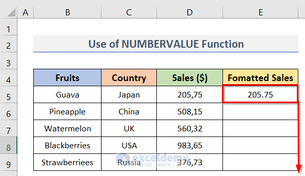 Using Fill Handle to Change Comma Separators in Excel
