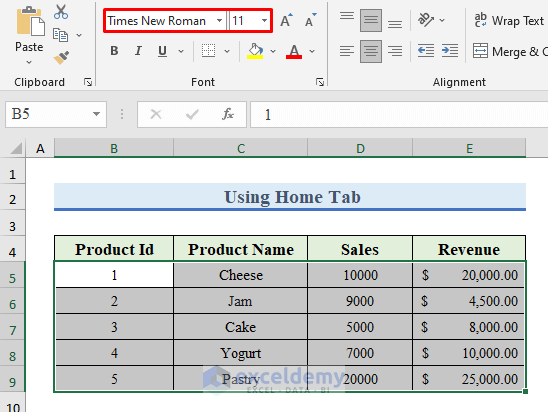 Change Default Font in Existing Workbook Using Home Tab