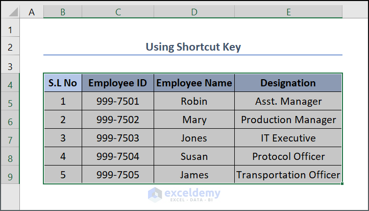 Using Shortcut Key