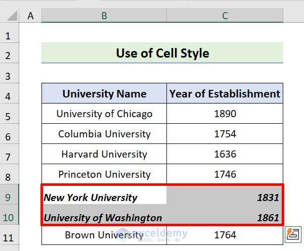 Output of Altering Font Format in Excel by Modifying Cell Style