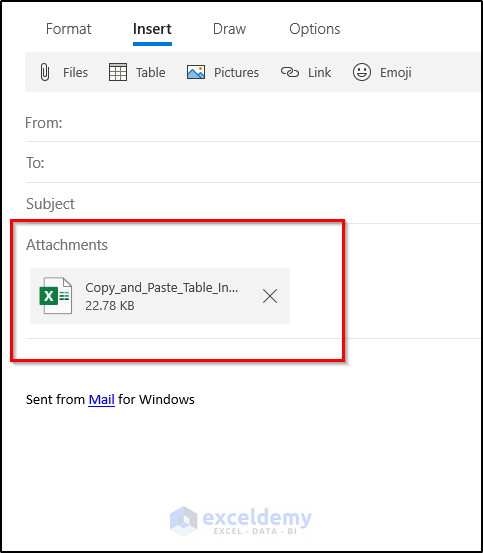 the file inserted for copy and paste excel table into outlook email