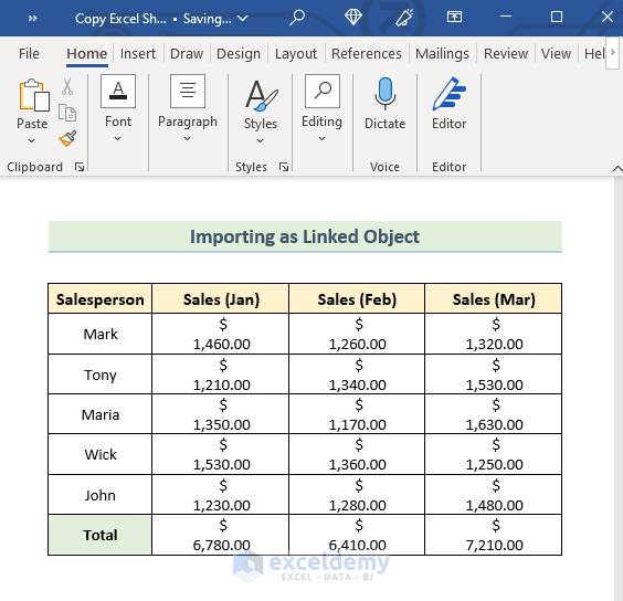 how to copy excel sheet into word result