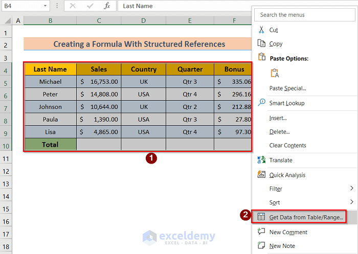 Right Clicking on the table to Create a Formula with Structured References in Excel