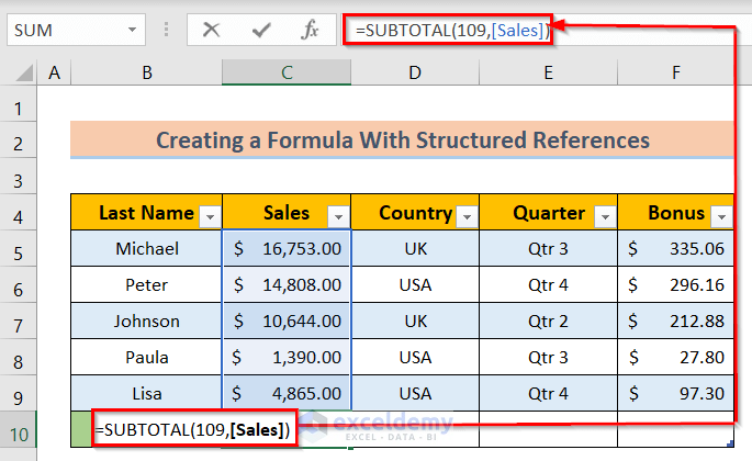 Inserting formula to Create a Formula with Structured References in Excel