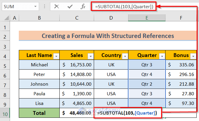 Inserting Fomrula to Create a Formula with Structured References in Excel