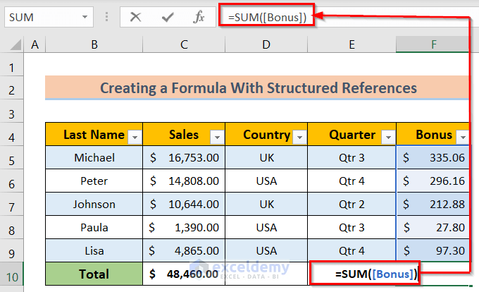 Inserting Formula to Create a Formula with Structured References in Excel