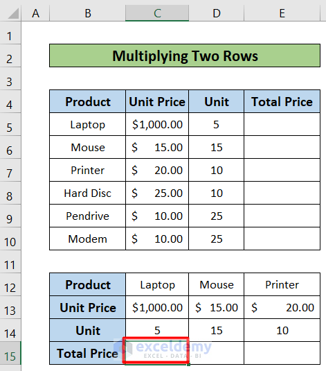 Creating a Multiplication Formula in Excel by Multiplying Two Rows