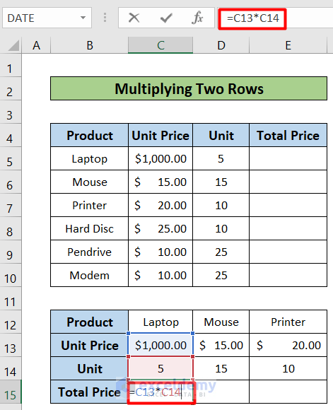 Creating a Multiplication Formula in Excel by Multiplying Two Rows