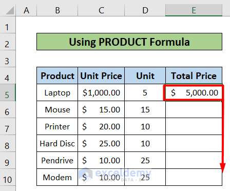 Use of PRODUCT Formula of how to Create a Multiplication Formula in Excel