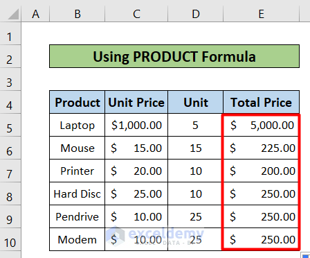 Use of PRODUCT Formula of how to Create a Multiplication Formula in Excel