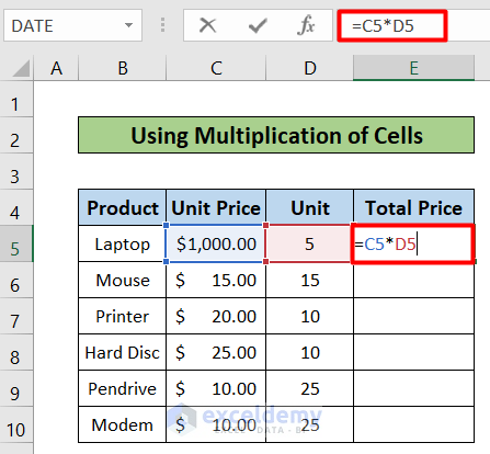 Use Multiplication of Cells of how to Create a Multiplication Formula in Excel
