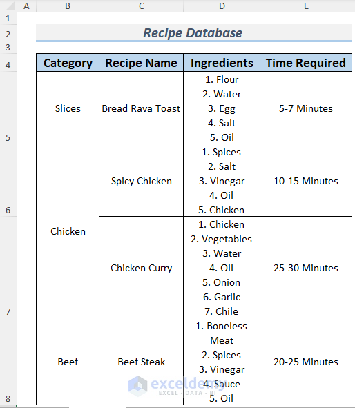 how to create a recipe database in excel