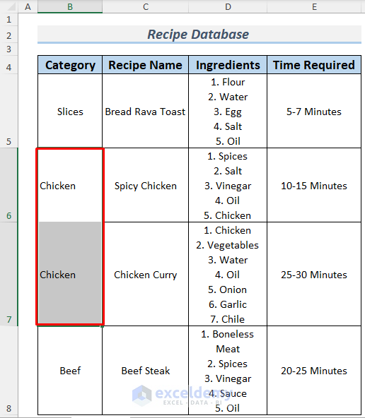 how to create a recipe database in excel step 2