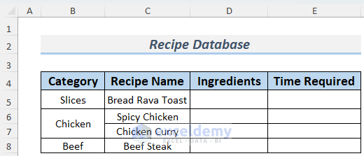 Inserting Necessary Columns for Recipe Database