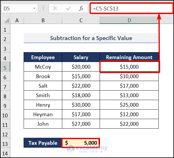 Subtraction for a Specific Value Using Cell Reference 
