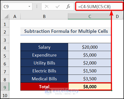 Subtraction Formula Between Multiple Cells