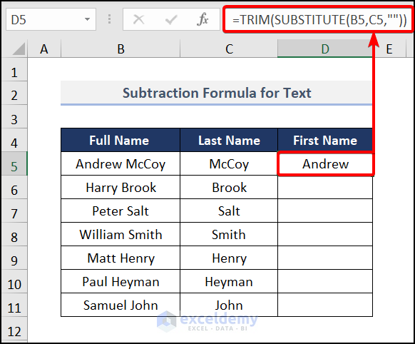 Subtraction Formula for Text 