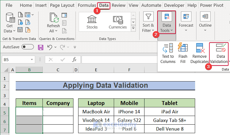 applying data validation command to show how to create a table with subcategories in excel