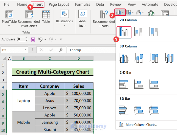 Excel Subcategories Chart