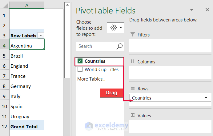 dragging fields into rows to show how to create a table with subcategories in excel