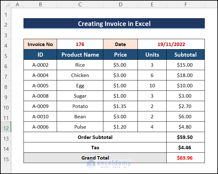 final output of invoice with database in excel