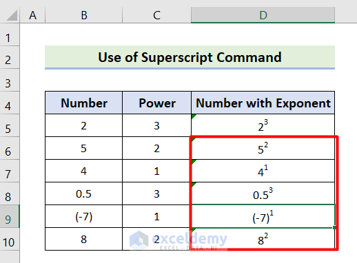 Output of Implementing Superscript Command to Show Exponents in Excel