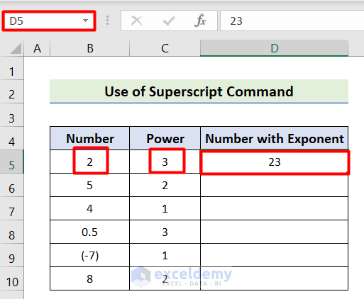 Implement Superscript Command to Show Exponents in Excel