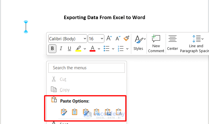 Use of Copy Paste to Export Data from Excel to Word