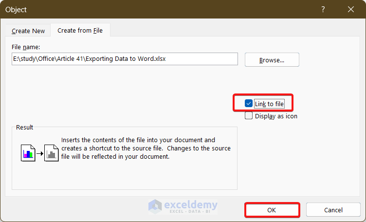 Export Data from Excel to Word by Utilizing Object Insert Feature