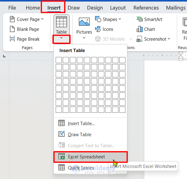 Insertion of Excel Table into Word to Export Data from Excel to Word