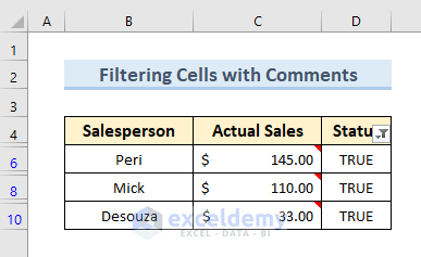 how to filter cells with comments in excel result