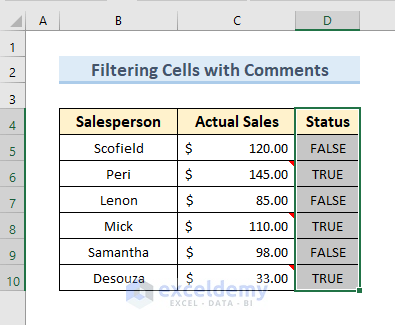 Sorting Status Column to View Cells with Comments