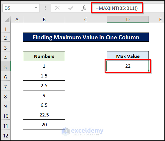find maximum integer value in excel with condition