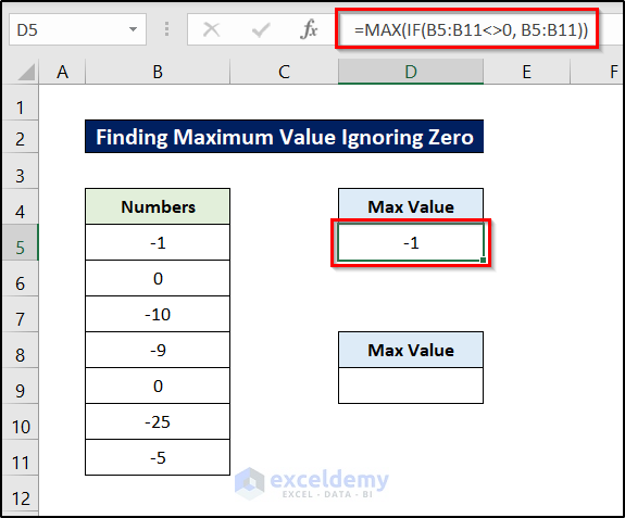 find maximum value in excel with condition ignoring zero