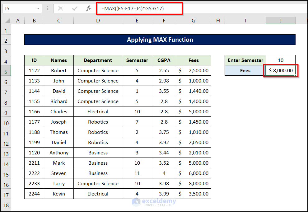 find maximum value in excel with condition with max function