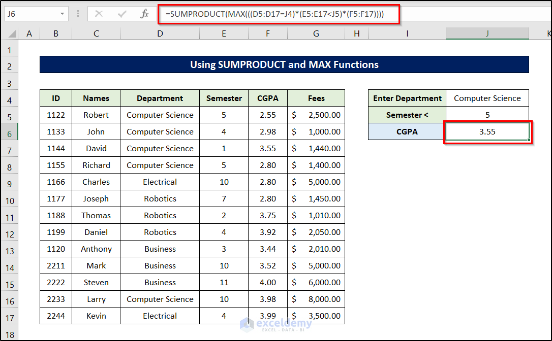 find maximum value in excel with condition with sumproduct and max functions