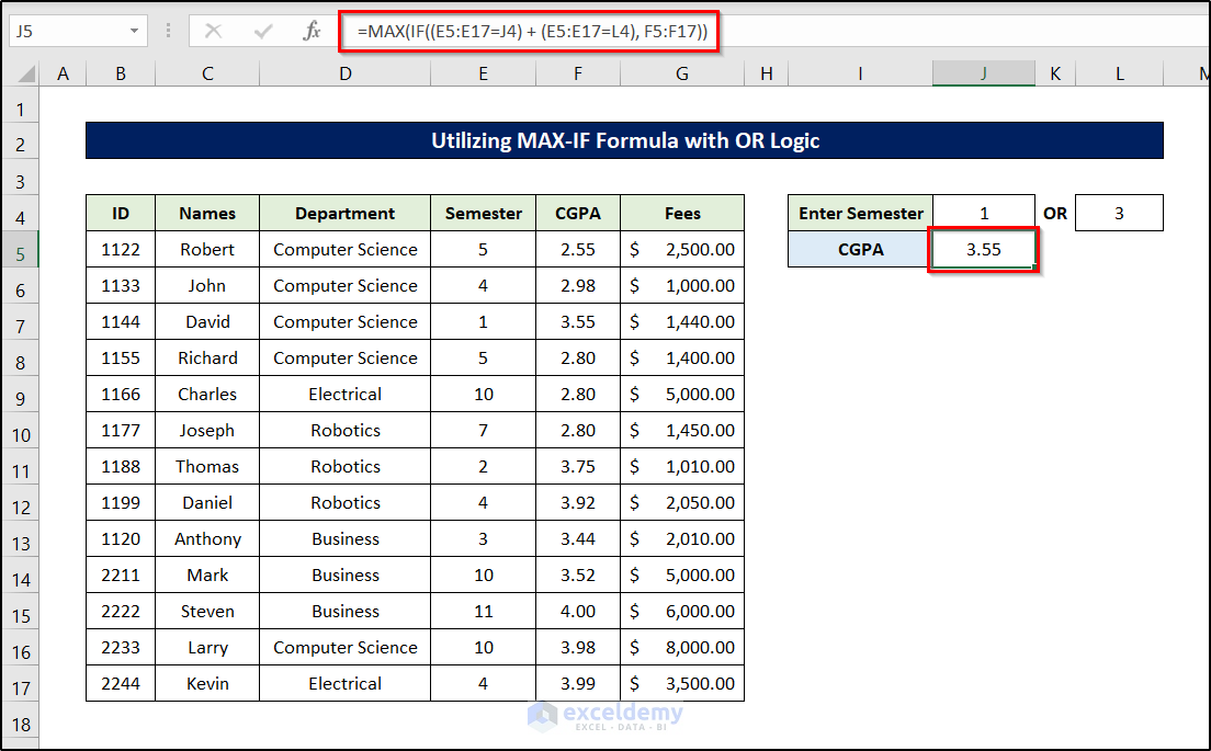 find maximum value in excel with condition with max and if functions combining in or logic