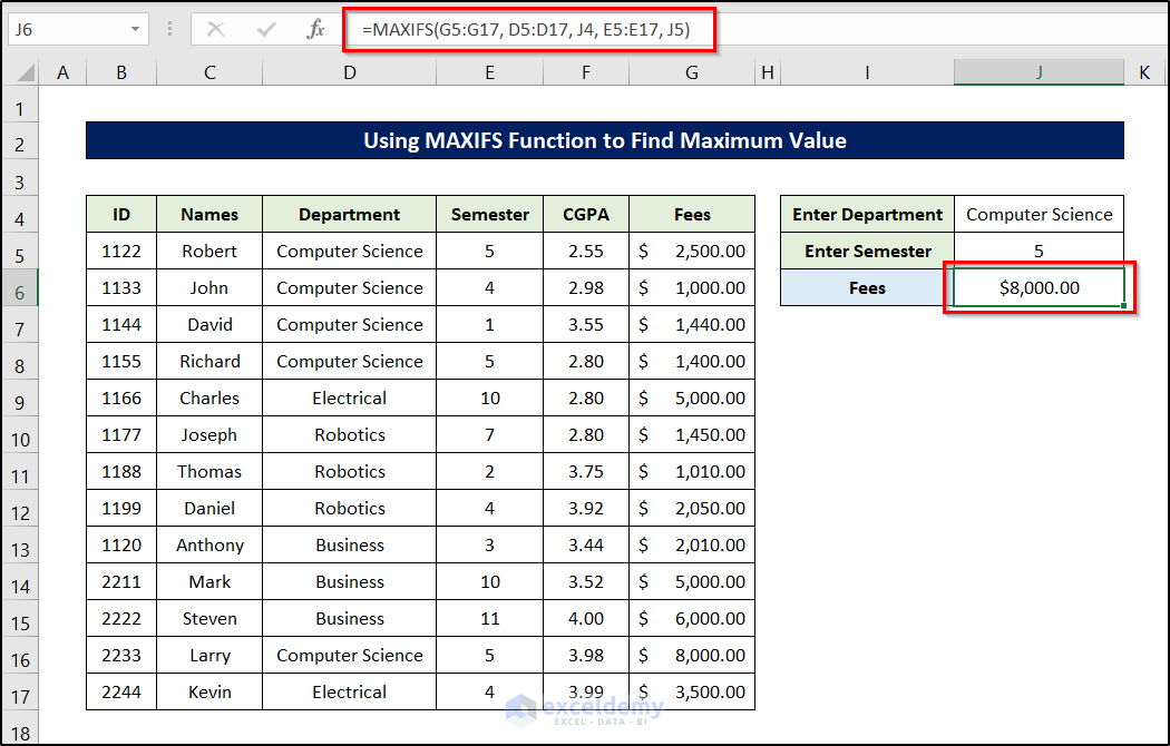 find maximum value in excel with condition with maxifs function