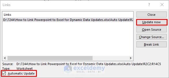 Link Powerpoint to Excel using Automatic Update
