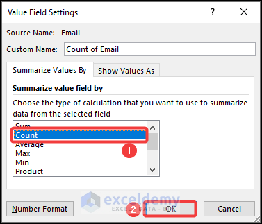 Editing value field settings dialogue box to Make a Contingency Table in Excel