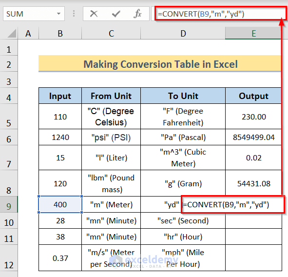 Inserting Formula to Make a Conversion Table in Excel
