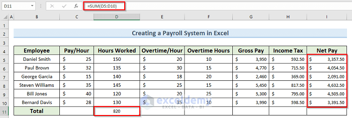calculating sum values to make a payroll system in Microsoft Excel with a payslip