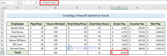 total gross pay to make a payroll system in Microsoft Excel with a payslip