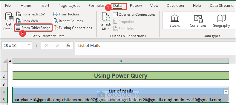 opening power query to show how to paste a list of emails into excel