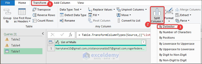 splitting column by delimiter to show how to paste a list of emails into excel