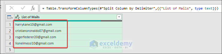 applying power query to show how to paste a list of emails into excel