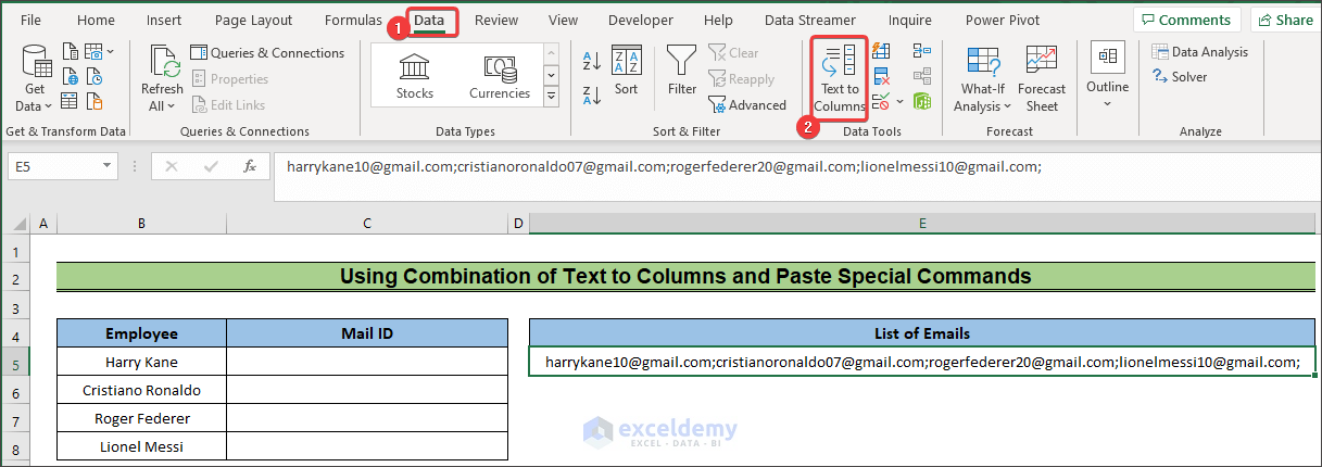 selecting text to columns command to show how to paste a list of emails into excel