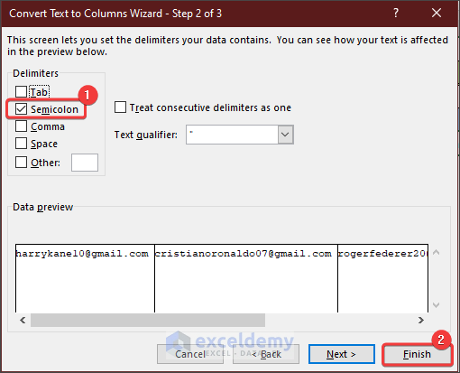 selecting semicolon as delimiter to show how to paste a list of emails into excel